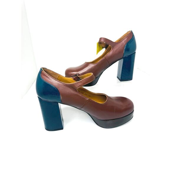 Fly London ERIL Platform Pumps Cognac & Navy Leather Retro 70s Chunky Heel 38 - Picture 9 of 11